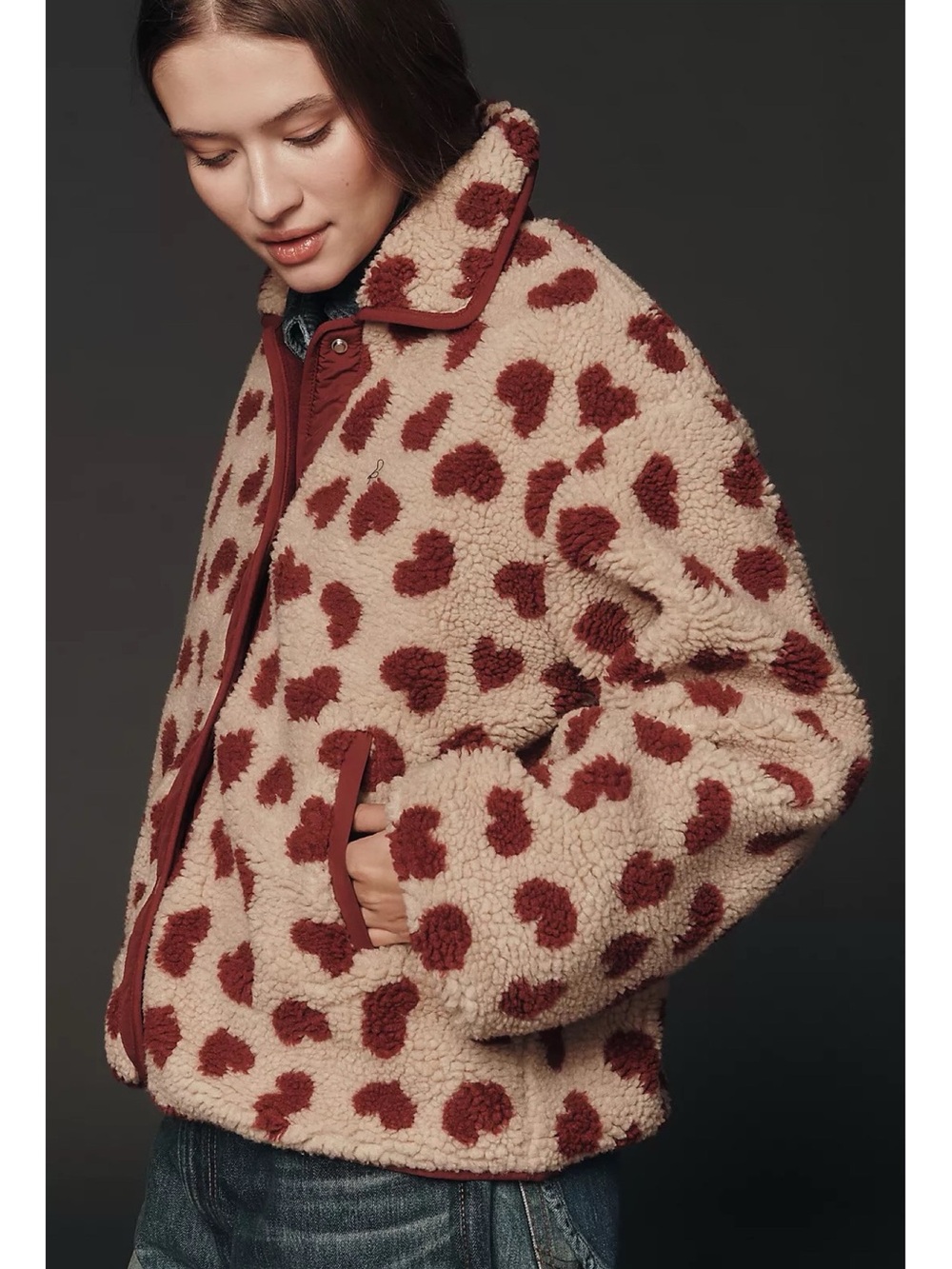 Anthropologie Maeve Heart Print Sherpa Fleece Jacket
